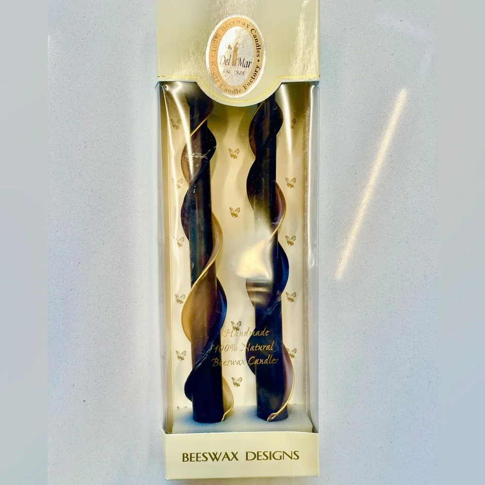 New in box Del Mar Navy Blue gold spiral Taper Candles Handmade Beeswax Set of 2